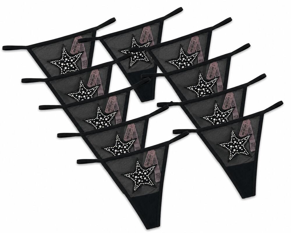 Lot of 10 Victoria's Secret V String Panty Black Sheer Mesh Bling Star M